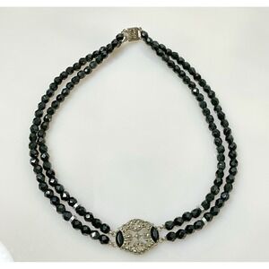 Vintage Art Deco Black Glass Marcasite Necklace Double Strand Choker 16"